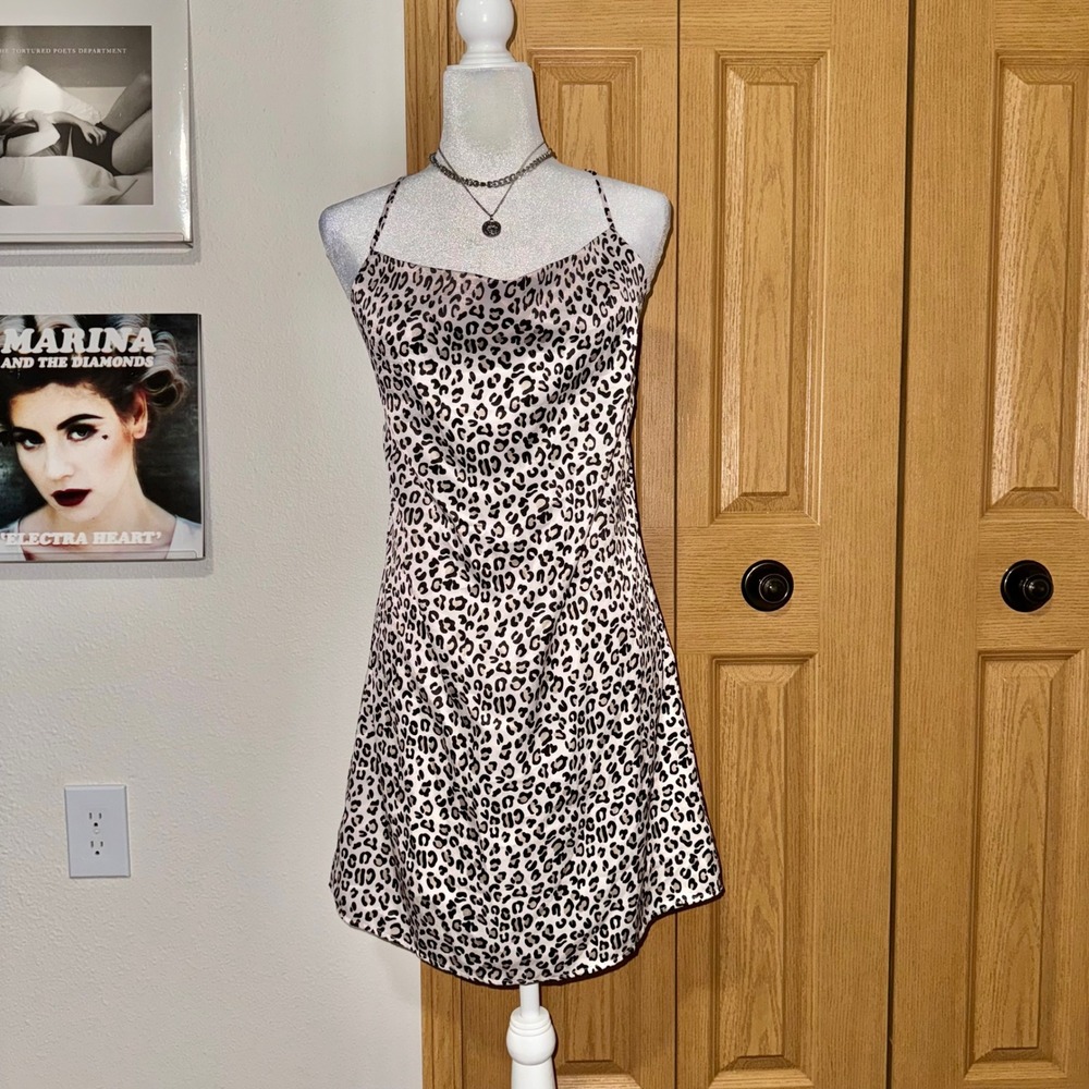 Pink Lily Leopard Print Satin Cowl Neck Mini Slip Dress Small Coquette Clubwear